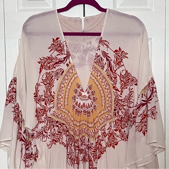 🌟HP🌟Free People Sunset Dreams Boho V-Neck Ruffled Bell Sleeve Tunic Top Medium - Picture 2 of 11